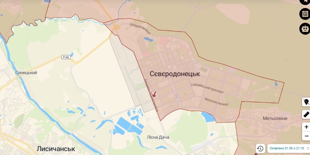 Мапа бойових дій у Сєвєродонецьку станом на 21:19 01.06.2022 року