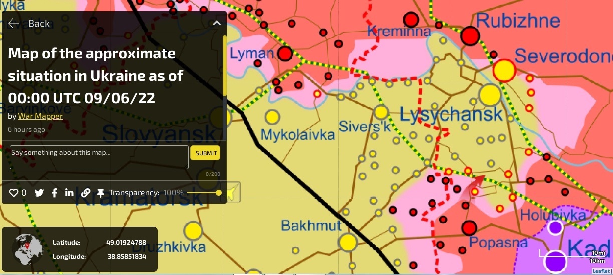 Мапа бойових дій на Луганщині станом на 00:00 09.06.2022