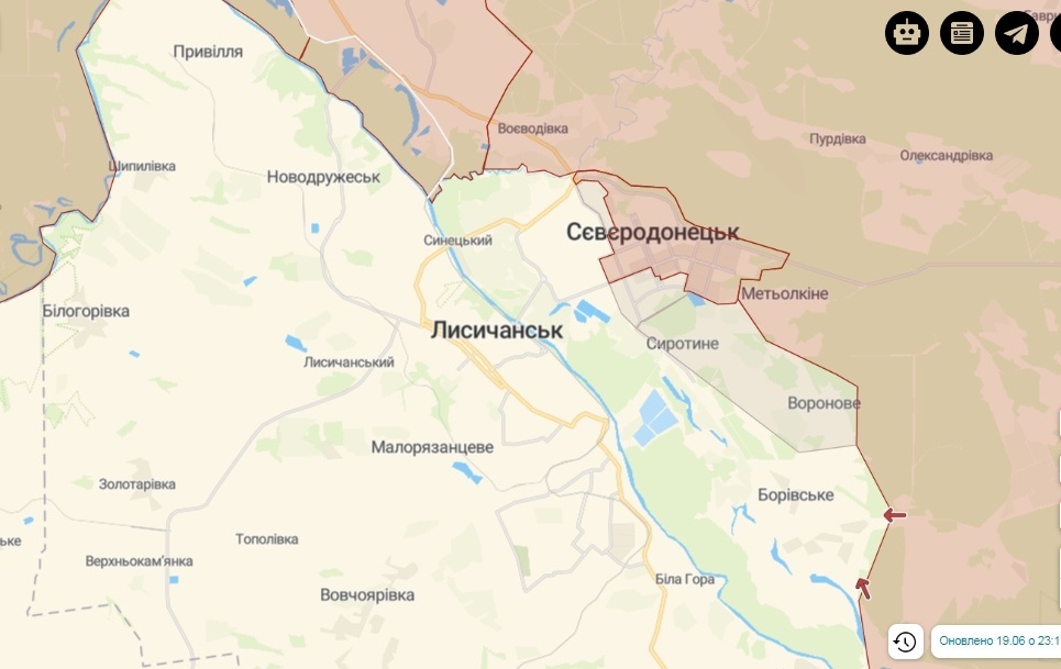 Карта бойових дій біля Сєвєродонецька на 20.06.2022