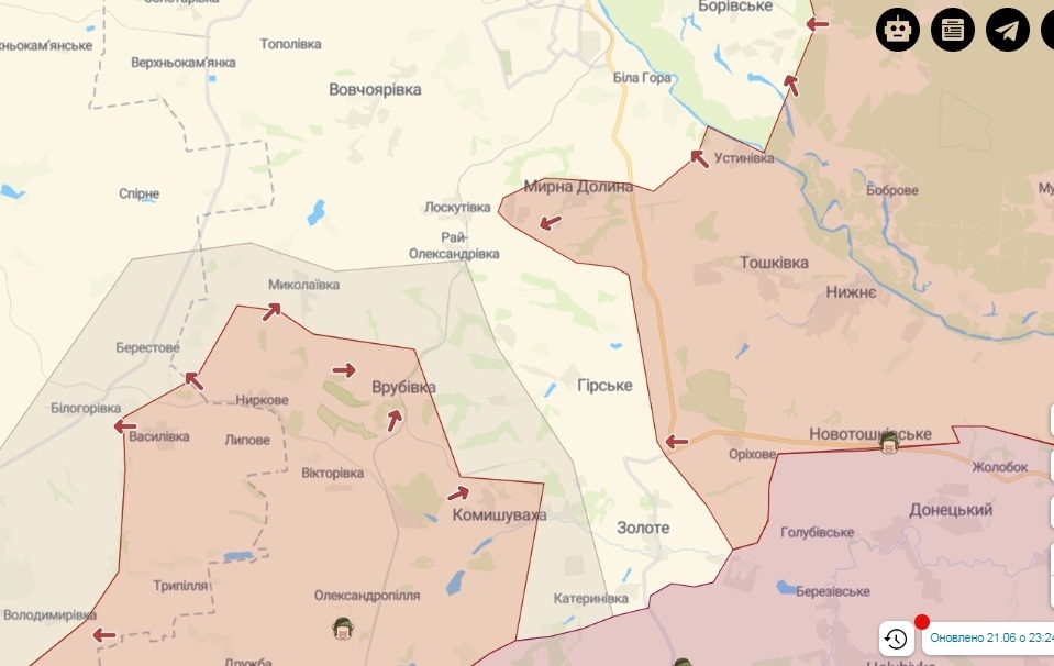 Карта бойових дій поблизу Лисичанська станом на 22.06.2022