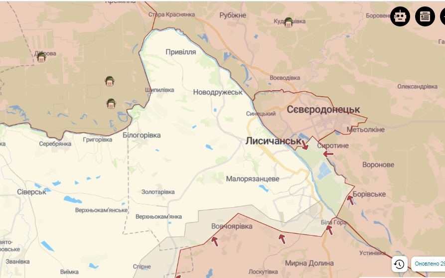 Карта бойових дій біля Лисичанська станом на 29.06.2022